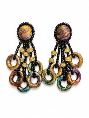 VTG CHIPITA 1980s Artisan Acrylic Ring Beaded Post Dangle Earrings